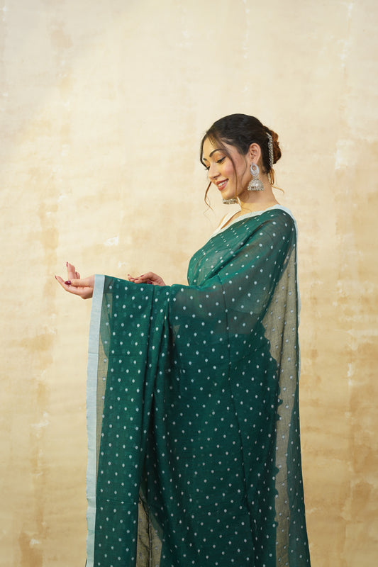 Forest Green & White Polka Dot Pure Cotton Saree