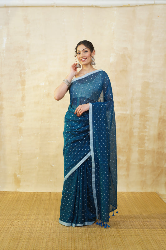 Blue & White Polka Dot Pure Cotton Saree