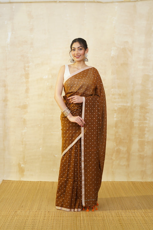 Rust Orange & White Polka Dot Cotton Saree