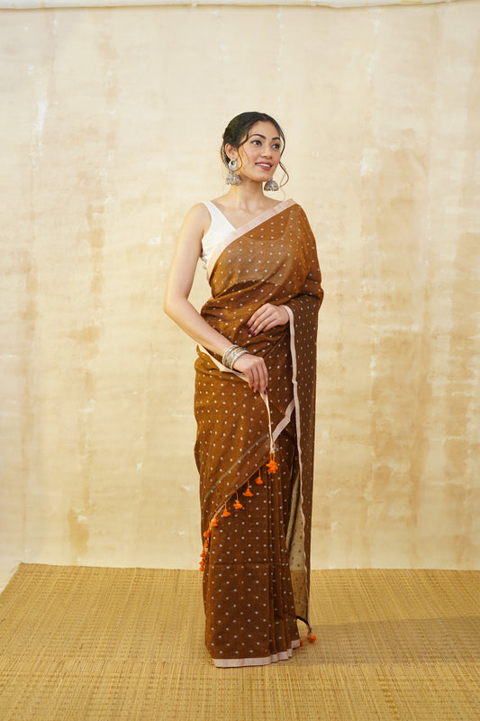 Rust Orange & White Polka Dot Cotton Saree