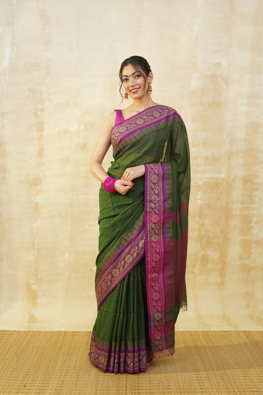 Deep Green & Purple Checked Pure Cotton Saree