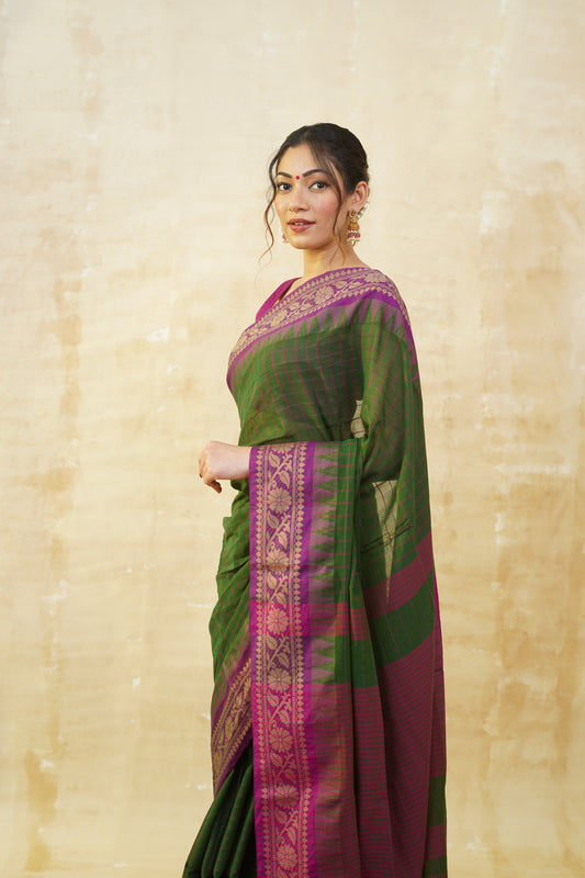 Deep Green & Purple Checked Pure Cotton Saree