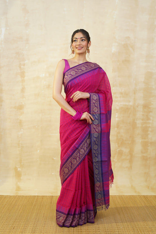 Pink & Purple Checked Pure Cotton Saree