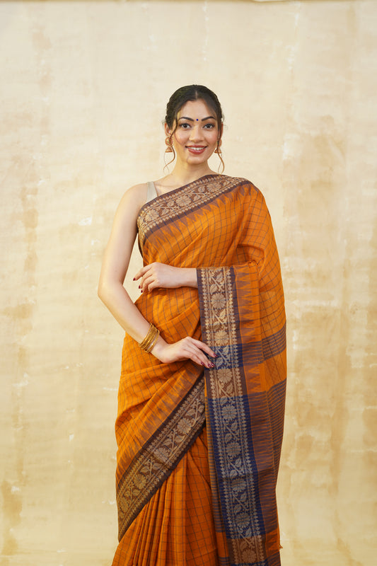 Orange & Brown Checked Pure Cotton Saree