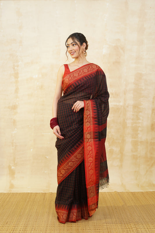 Black & Red Checked Pure Cotton Saree