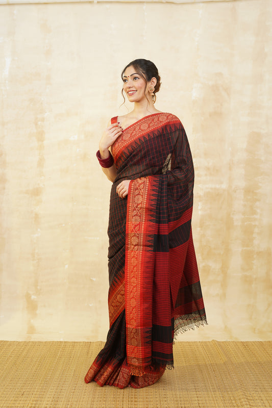 Black & Red Checked Pure Cotton Saree