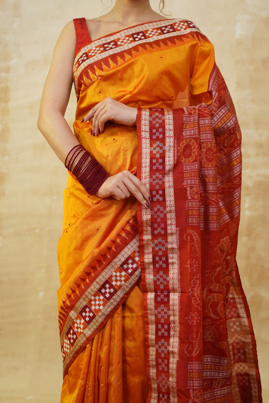 Yellow & Red Sambalpuri Silk Saree