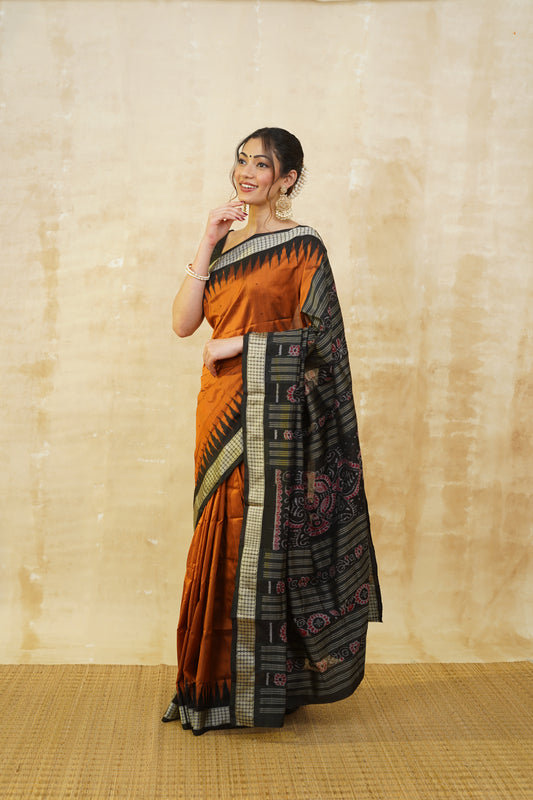 Burnt Orange & Black Ikkat Silk Saree