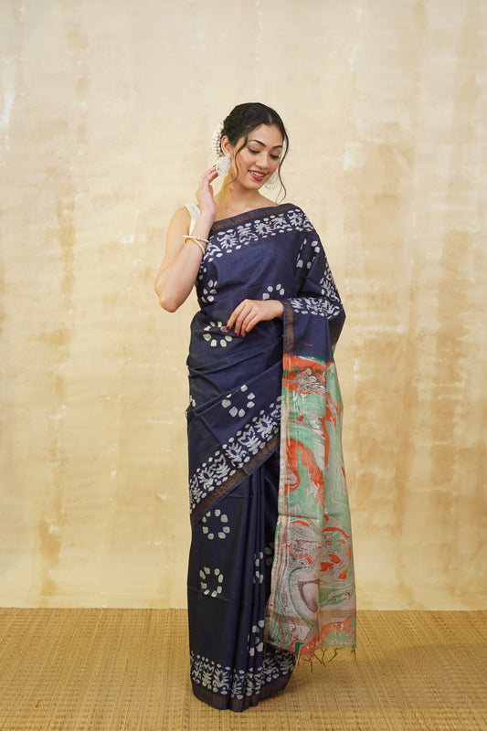 Indigo Blue Batik Saree with Marble Design Pallu