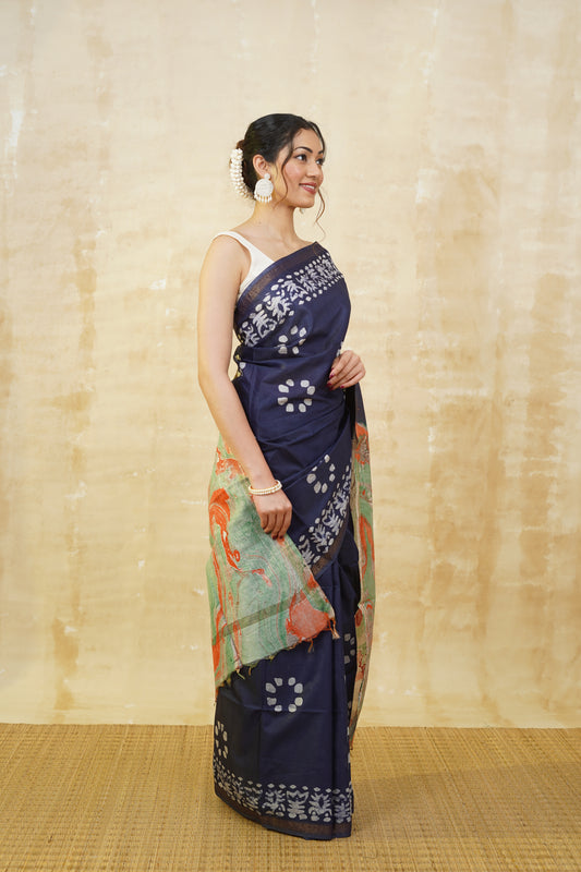 Indigo Blue Batik Saree with Marble Design Pallu