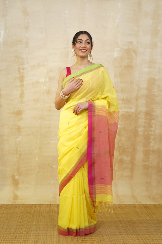 Neon Yellow & Pink Pure Cotton Saree