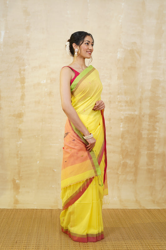 Neon Yellow & Pink Pure Cotton Saree