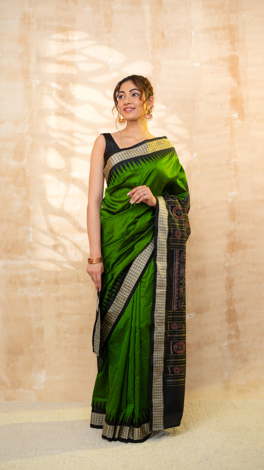 Green and Black Sambalpuri Silk Saree